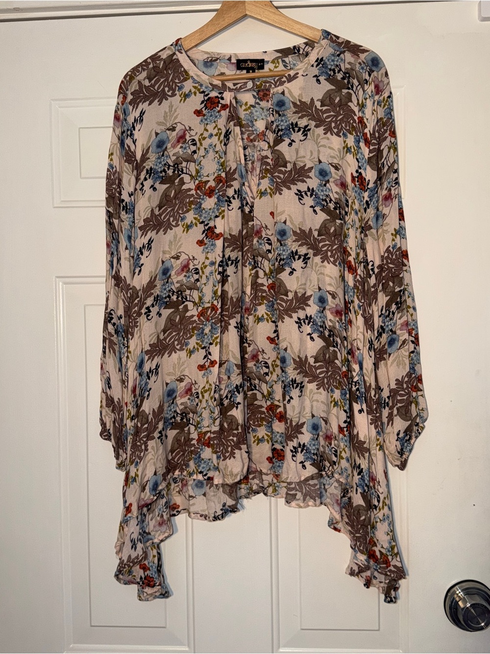 Audrey Floral Paneled Tunic - Cream with Blue & Brown Blooms